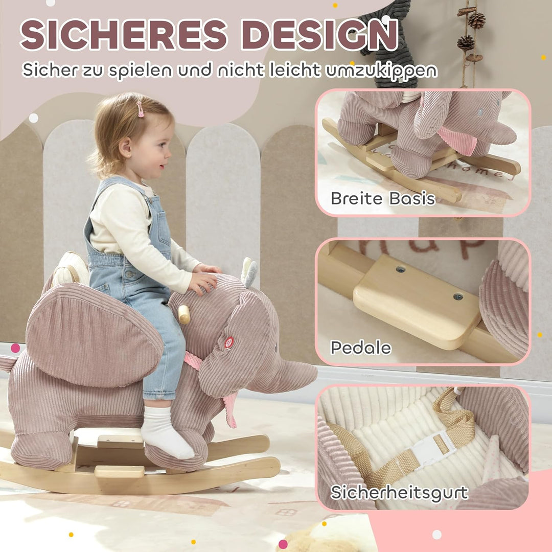 AIYAPLAY Schaukeltier, Elefant-Schaukel, interaktive Tiergeräusche, weiche Füllung, Holzrahmen, Sich