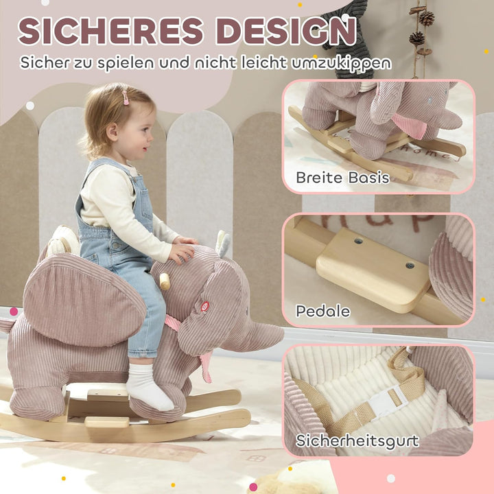 AIYAPLAY Schaukeltier, Elefant-Schaukel, interaktive Tiergeräusche, weiche Füllung, Holzrahmen, Sich