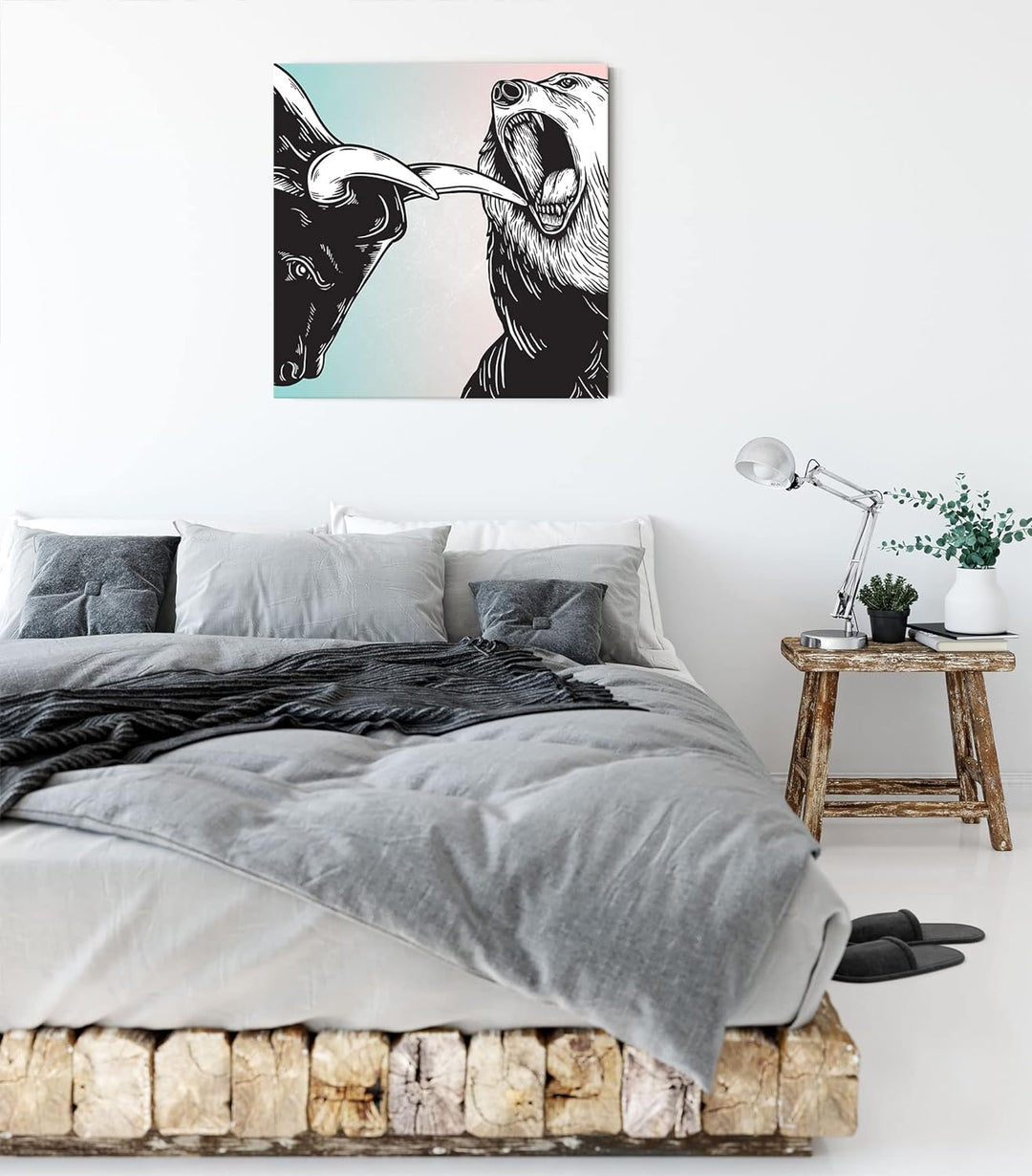 Pixxprint Bulle und Bär Aktienmarkt als Leinwandbild Quadratisch| Grösse: 60x60 cm | Wandbild | Kuns