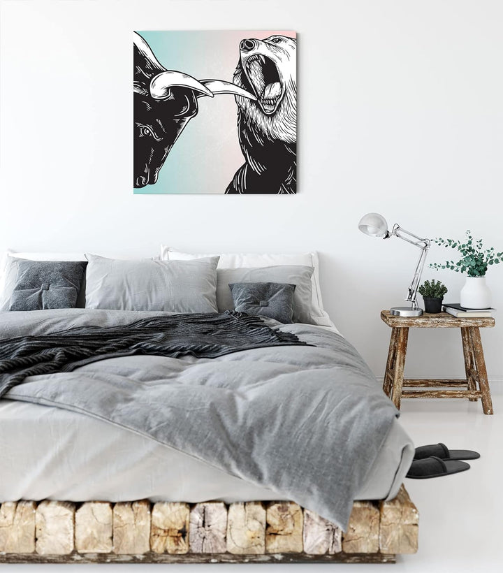 Pixxprint Bulle und Bär Aktienmarkt als Leinwandbild Quadratisch| Grösse: 60x60 cm | Wandbild | Kuns