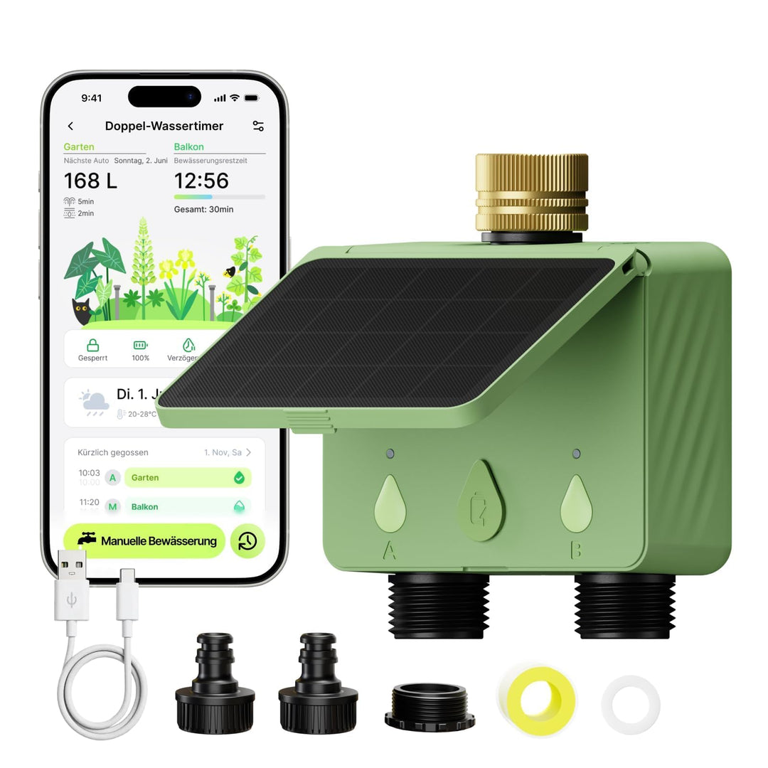 Solar WLAN Bewässerungscomputer für Garten, 2-Wege Smart Bewässerungsuhr mit Durchflussmesser, Kein