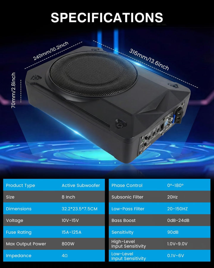 Aktivsubwoofer, Ultraflacher Auto-Subwoofer, Geeignet für Auto/Truck, Mit Integriertem Verstärker, U