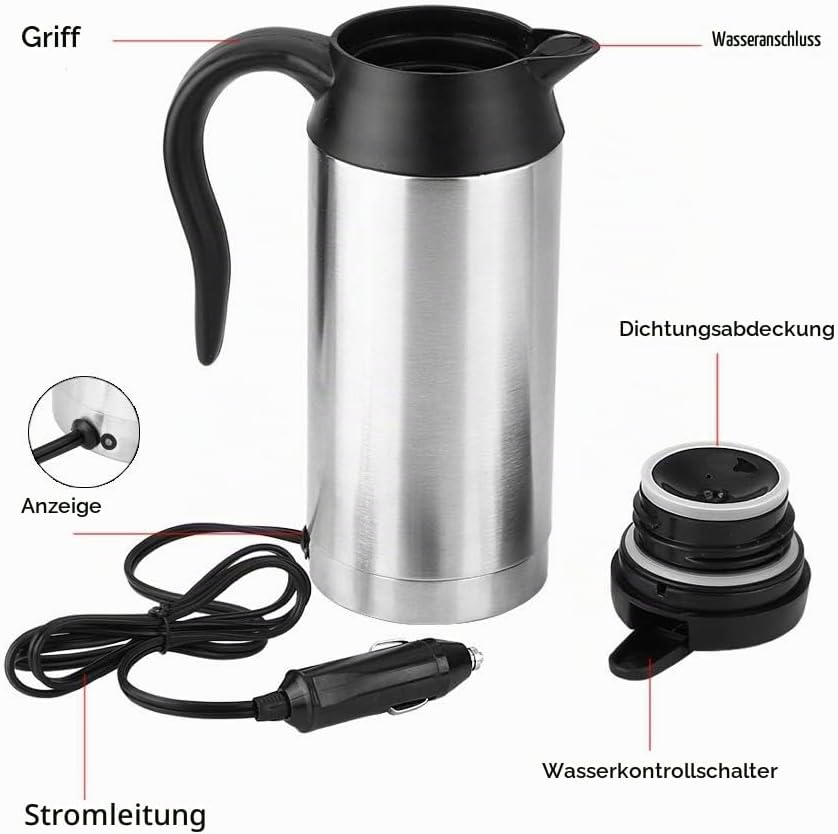 Jadeshay Auto Wasserkocher Edelstahl 12V für Auto, 750ML Reisewasserkocher mit Zigarettenanzünder, C