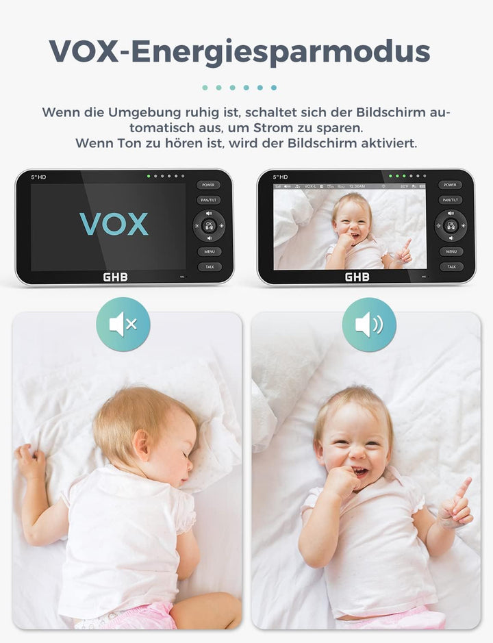 GHB Babyphone mit 2 Kameras 5 Zoll 720P HD IPS-Display Babyphone Kamera VOX-Modus Gegensprechen Nach