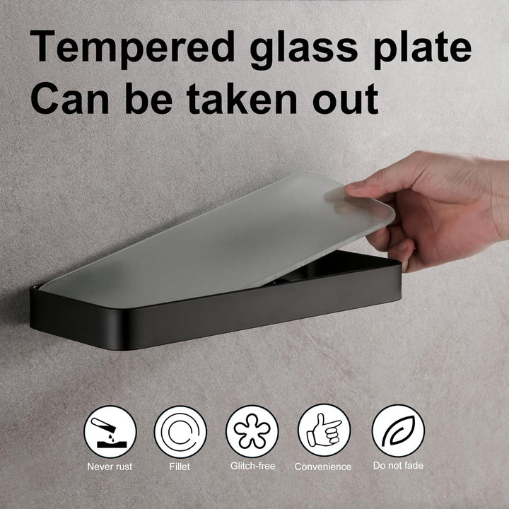 DUFU Selbstklebendes Duschregal Ohne Bohren - Raumfahrt-Aluminium-Korb mit Gehärtetem Glas | 30cm Sc