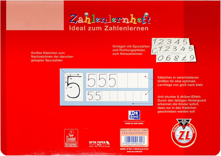 Oxford Zahlenlernheft, A4 quer, Lineatur ZL (1. Klasse), rot, 10 Stück