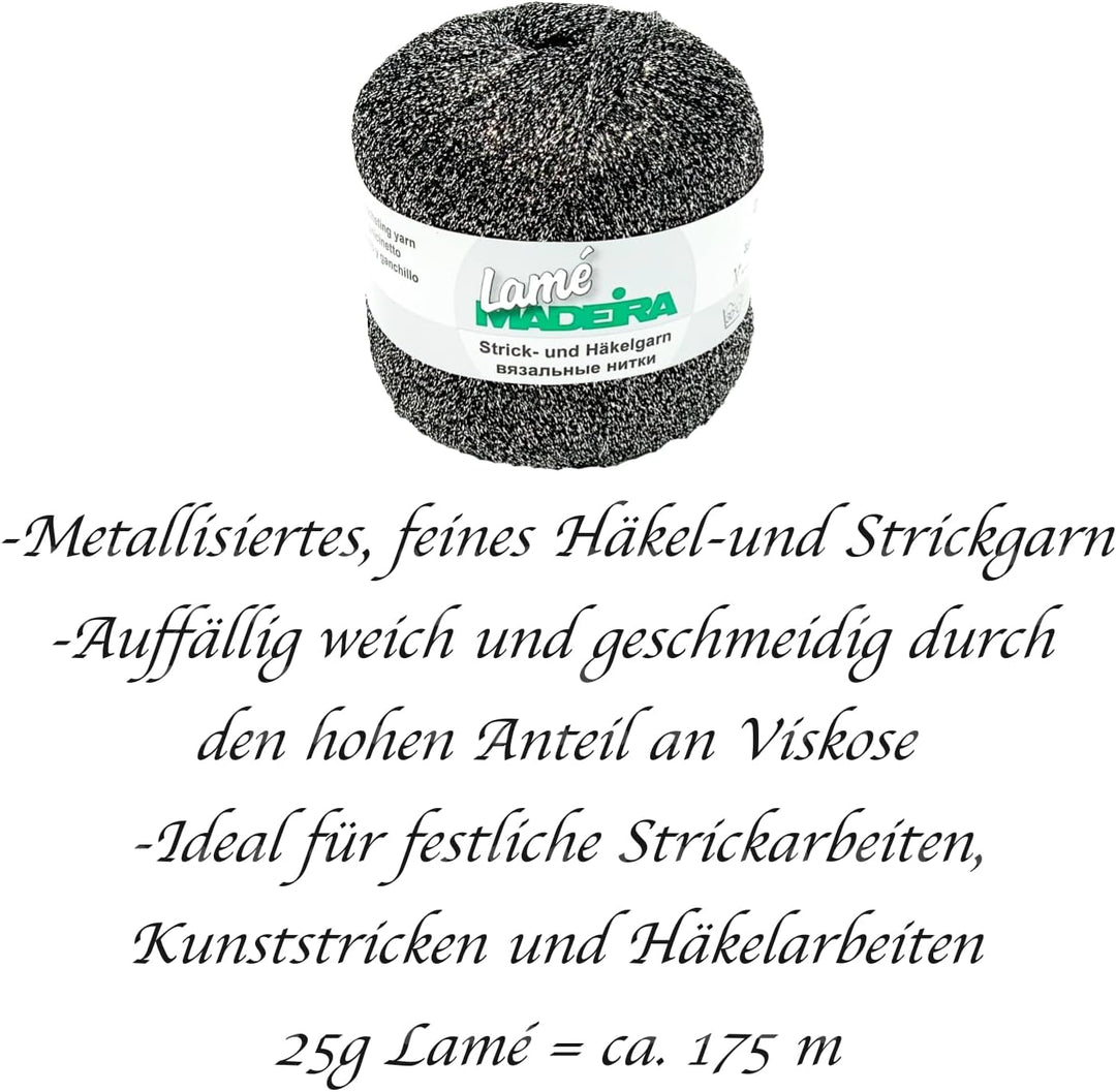 Glitzergarn Haekelgarn Strickgarn metallisiertes Häkelgarn Madeira Lamé 5x25g Farbe 560 schwarz-silb