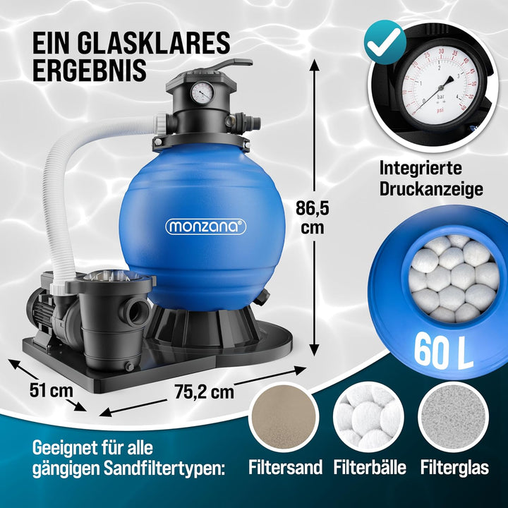 MONZANA® Sandfilteranlage SF159 15.900L/h inkl Filterbällen 7 Wege Ventil 2in1 Adapter Ø32-38mm 600W