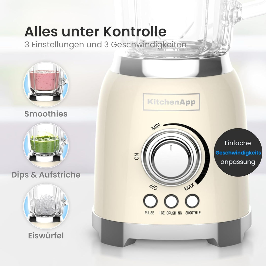 Retro Standmixer 1,5L mit Glaskanne – 800W Mixer mit Eiscrusher, Smoothie- & Pulse-Funktion, Beige