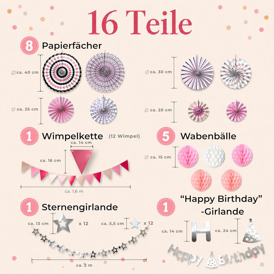 Geburtstagsdeko Set Rosa 16-teilig – Papierfächer Wabenbälle Wimpelkette Happy Birthday Girlande Ste