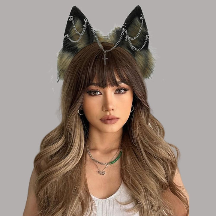 VIGVAN Handgemachte Wolf Fuchs Ohren Cosplay Kopf Zubehör Kawaii Haarband (Kette Braun Schwarz), Ket