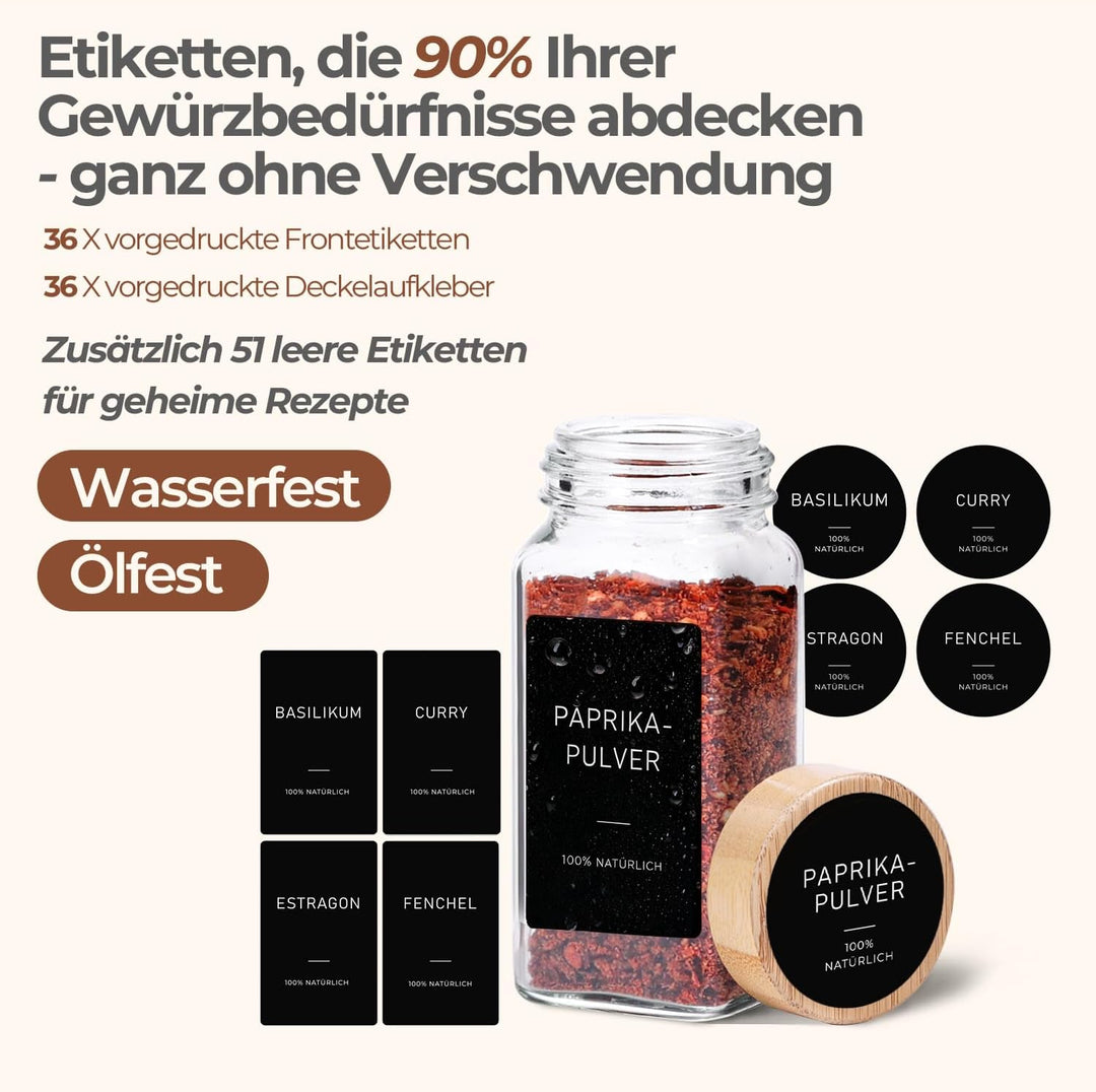 ComSaf Gewürzgläser Eckig mit Etiketten (24×120ml), Gewürzstreuer Glas mit Bambusdeckel, Gewürzdosen