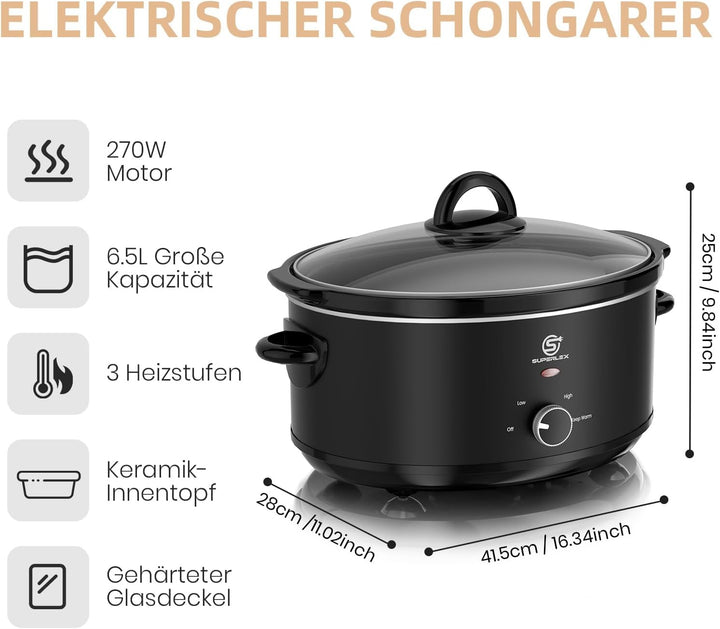 Slow Cooker 6.5L Grosser Elektrischer Schongarer Mit Keramiktopf Und Glasdeckel Temperaturstufen War