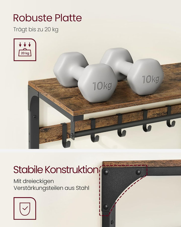 VASAGLE Wandgarderobe, Schuhbank, Wandregal mit Ablage und 10 Haken, Schuhregal mit 3 Ebenen, Aufbew