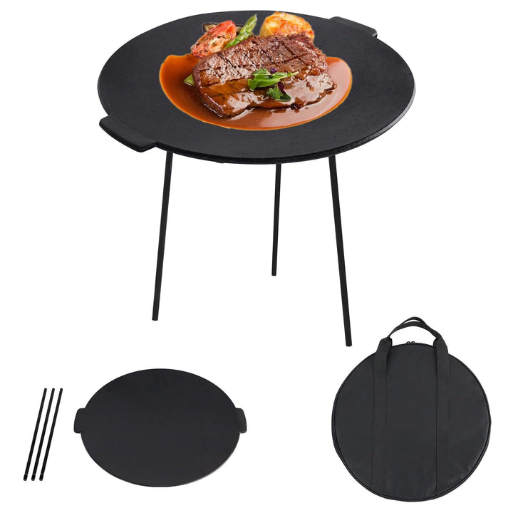 UISEBRT Gusseisen Grillpfanne Ø 45 cm, Runde Grillplatte mit 3 Beinen, Eingebrannt für perfektes Bra
