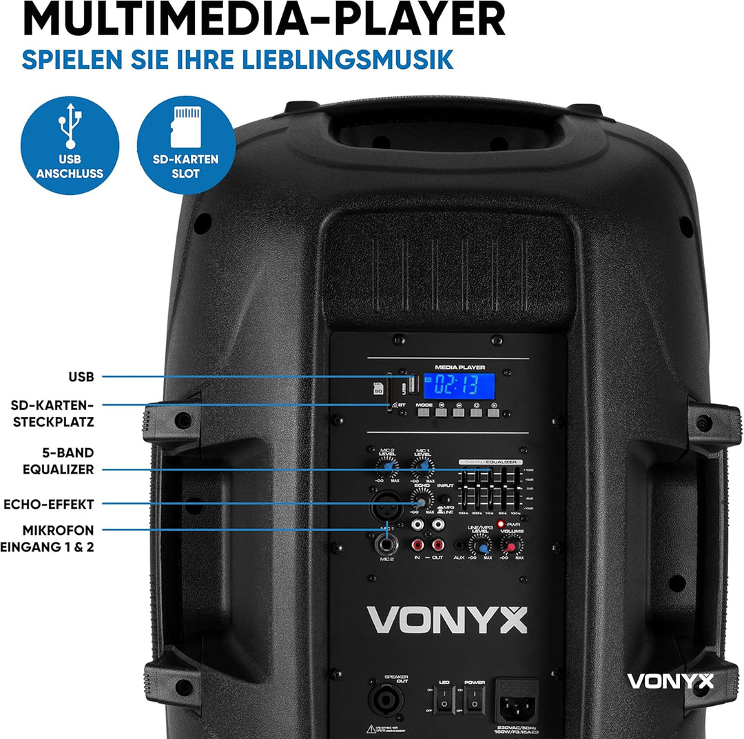 Vonyx VPS152A, PA Lautsprecher Set mit Ständer und Mikrofon, 1000 Watt PA Anlage Komplettset, 15 Zol