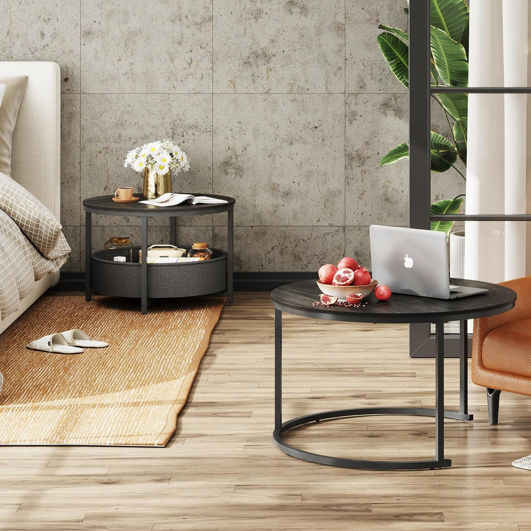 WLIVE Couchtisch Rund 2er Set, Beistelltisch mit Stoffkorb, Satztische Wohnzimmertisch mit Metallrah
