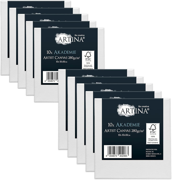 Artina FSC® Keilrahmen 10er Set Akademie 10x10 cm – Leinwand Set Maltuch aus 100% Baumwolle Leinwänd