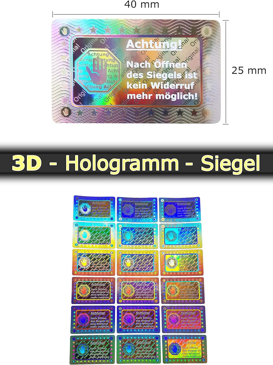 2010 Stk - 3D Hologramm-Siegel 40 * 25mm silber glänzend - Rücknahmesiegel Sicherheitssiegel Qualitä
