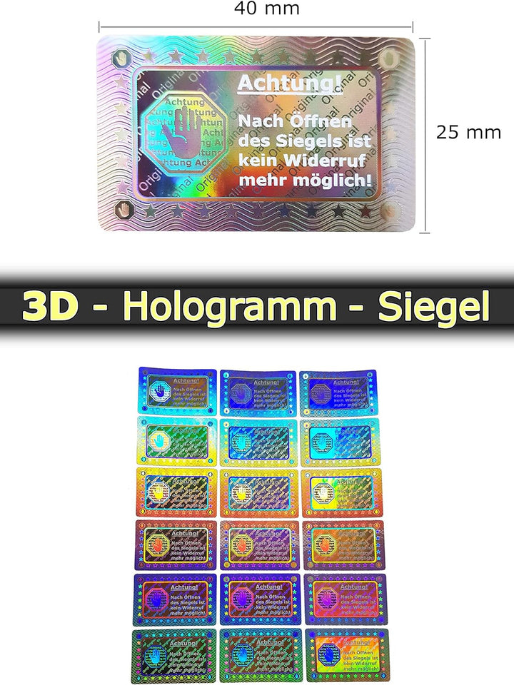 2010 Stk - 3D Hologramm-Siegel 40 * 25mm silber glänzend - Rücknahmesiegel Sicherheitssiegel Qualitä