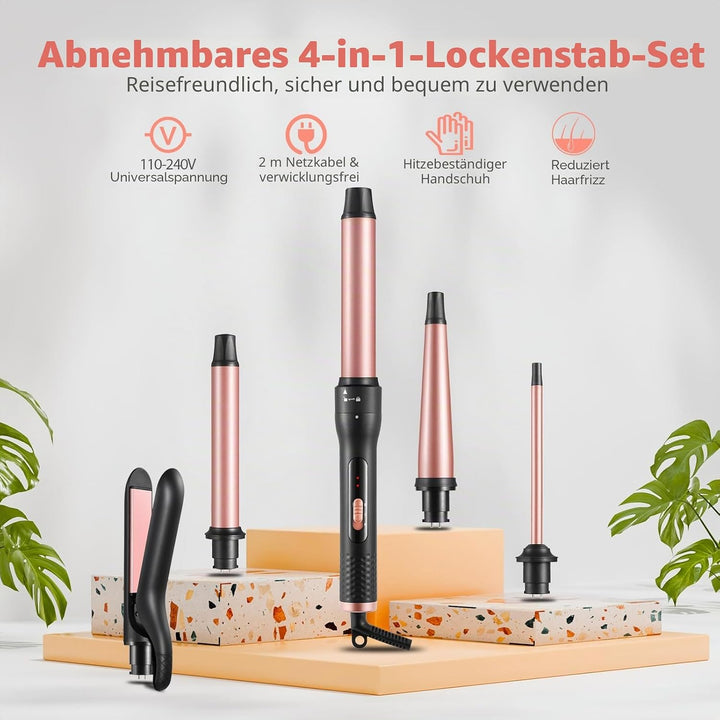 5 in 1 Lockenstäbe mit Glätteisen, Lockenstab mit verschiedenen Aufsätzen für Grosse und Kleine Lock