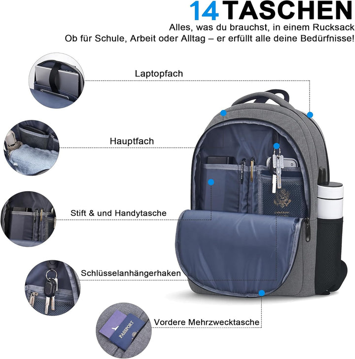 TANTOMI Rucksack Herren, Gross Laptop Rucksack 17 Zoll Schulrucksack Laptoptasche mit USB Ladeanschl