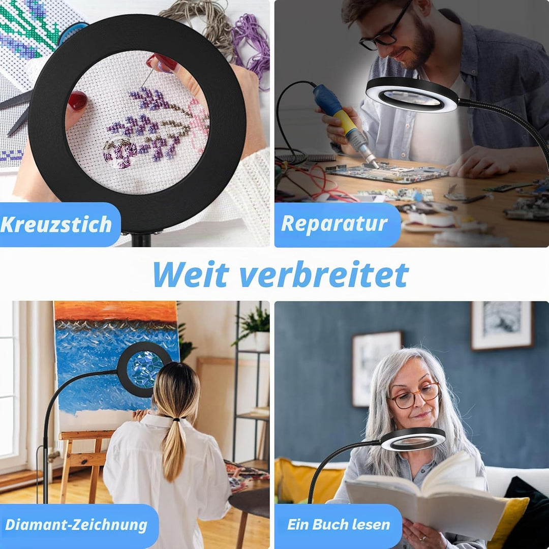 NZQXJXZ 5X 10X Lupe mit Licht und Ständer, 2-in-1 Lupenbrille mit 72 Einstellbaren Helligkeits-LEDs,
