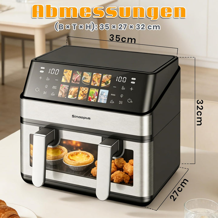 Heissluftfritteuse 2000W Doppel Fritteuse mit 2 Kammern und 8.5 Liter Volumen, 10 Programme, Touch-B
