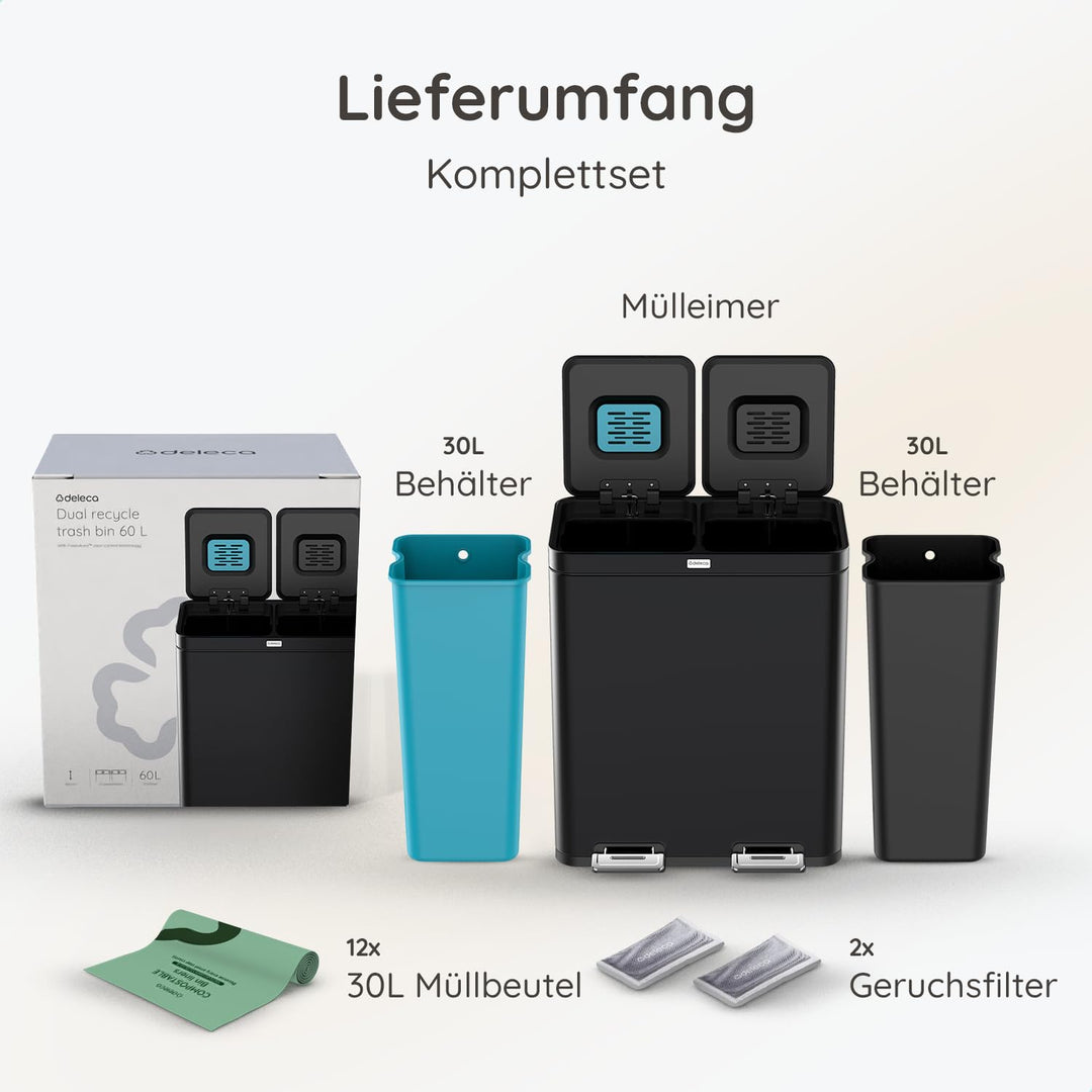 Mülleimer Küche 2 Fächer 60L - Doppelmülleimer mit FreshAura Geruchsfilter - Duo Slow Close Tretmüll