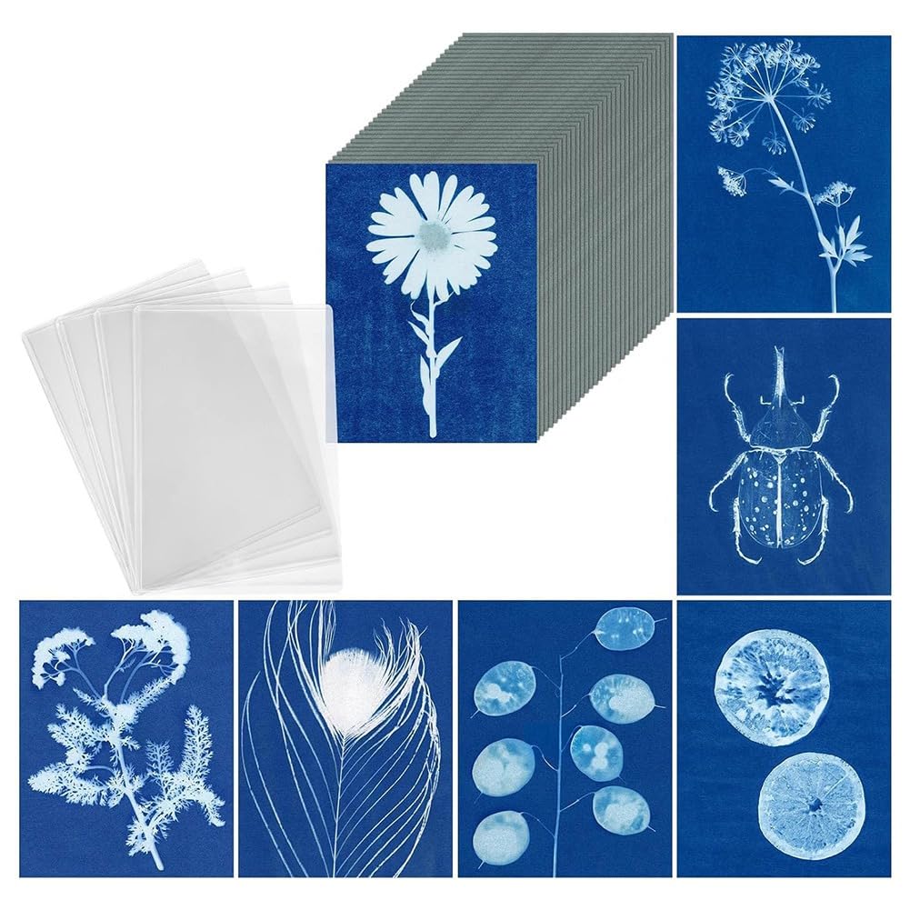 Sun Print Paper Kit, 100 Blatt Cyanotypie-Papier mit 4 Blatt Acrylplatte, A5 Sun Art Papier, Solar P