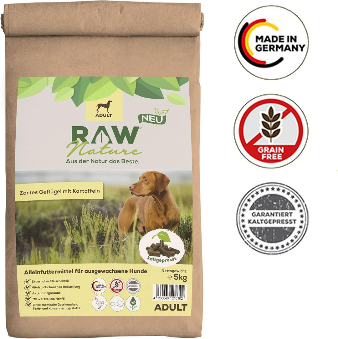 RAW Nature Trockenfutter Adult | Natürlich Kaltgepresst | Getreidefreies Hundefutter | Vollwertkost