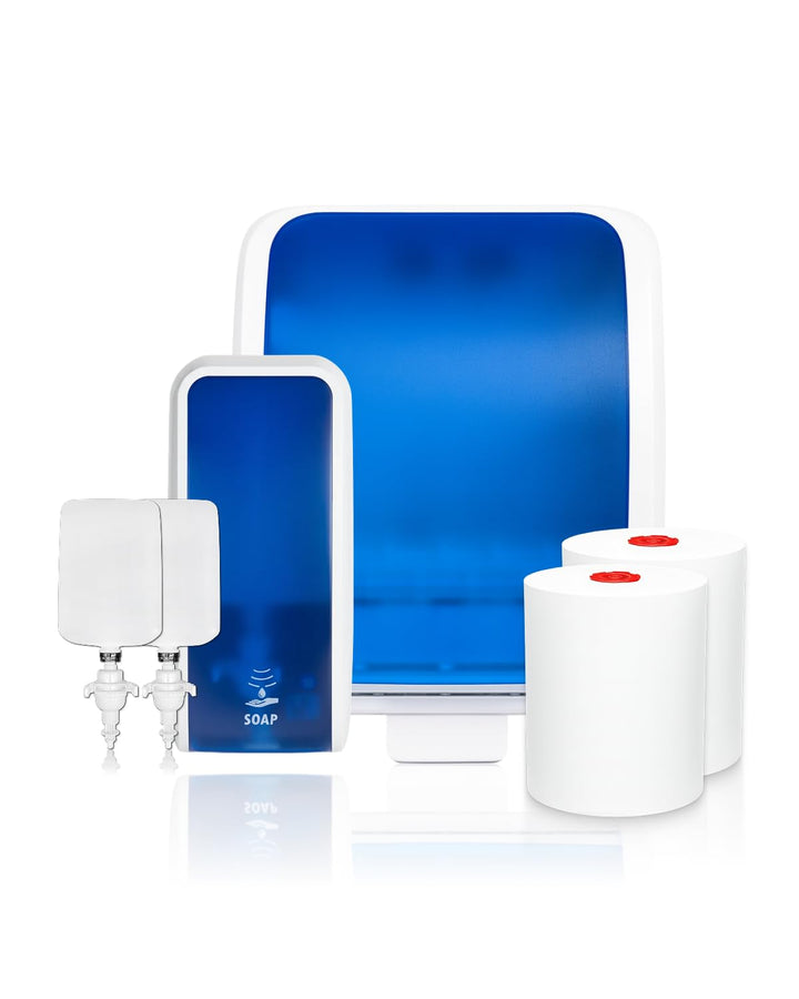 Blanc Hygienic Waschraum Set: Handtuchrollenspender AUTOCUT + 2 TAD Handtuchrollen + Schaumseifenspe