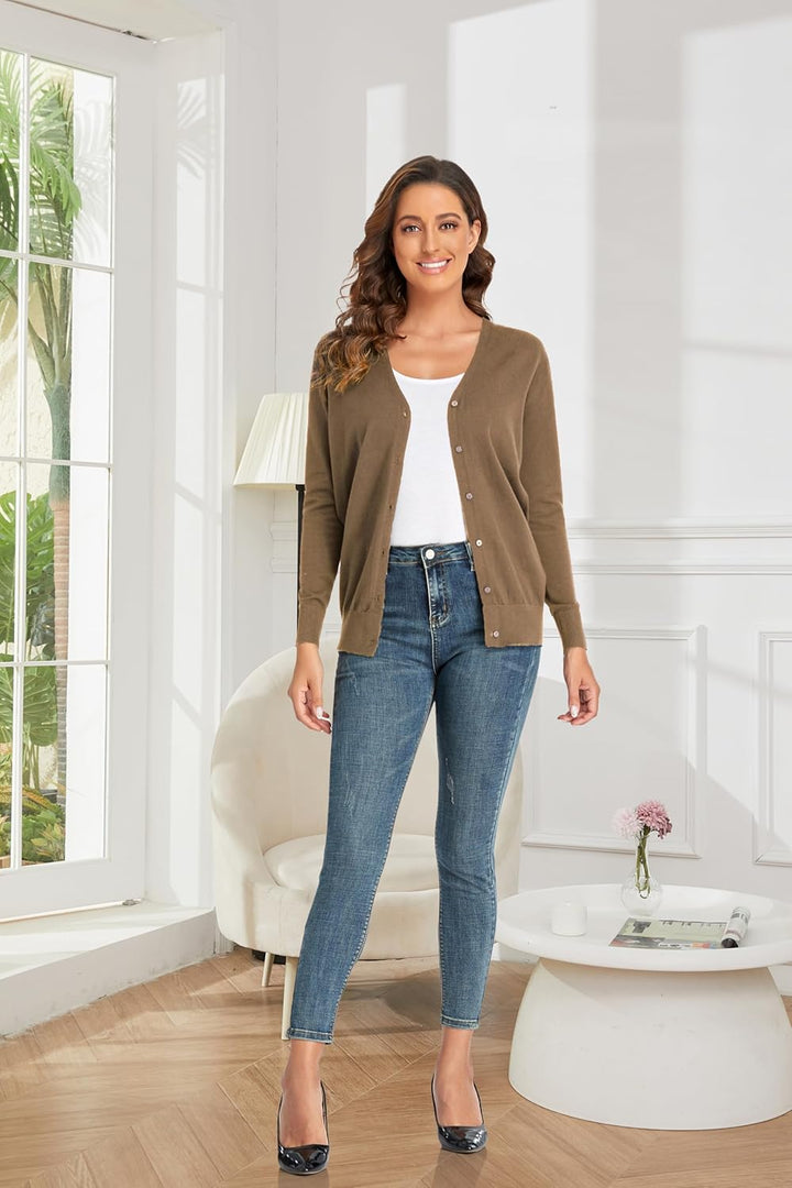 CUNYI Strickjacke für Damen Pullover mit V-Ausschnitt L Khaki, L Khaki
