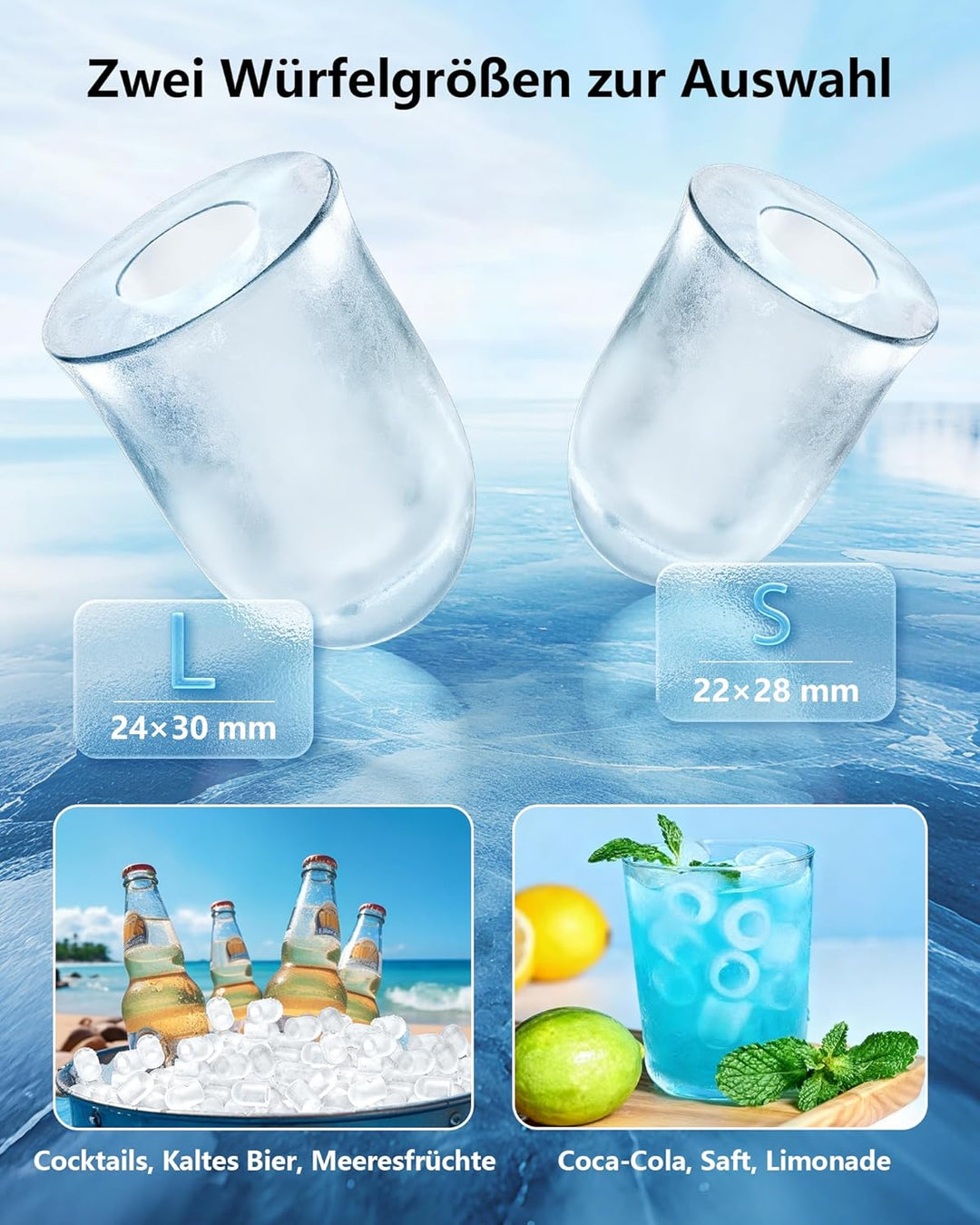 Eiswürfelmaschine Klein Ice Maker Machine: Tragbarer Eiswürfelbereiter, 12kg/24H, 8 Eiswürfel in 6 M