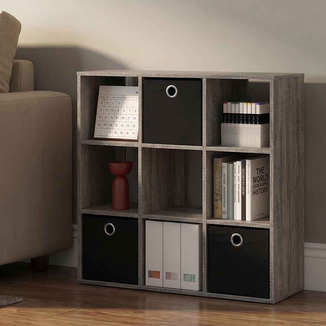 Furinno Simplistic Organizer/Regal mit 9 Fächern und 3 Einschüben, holz, Grau/schwarz, 20.07 x 67.82
