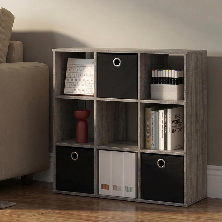 Furinno Simplistic Organizer/Regal mit 9 Fächern und 3 Einschüben, holz, Grau/schwarz, 20.07 x 67.82