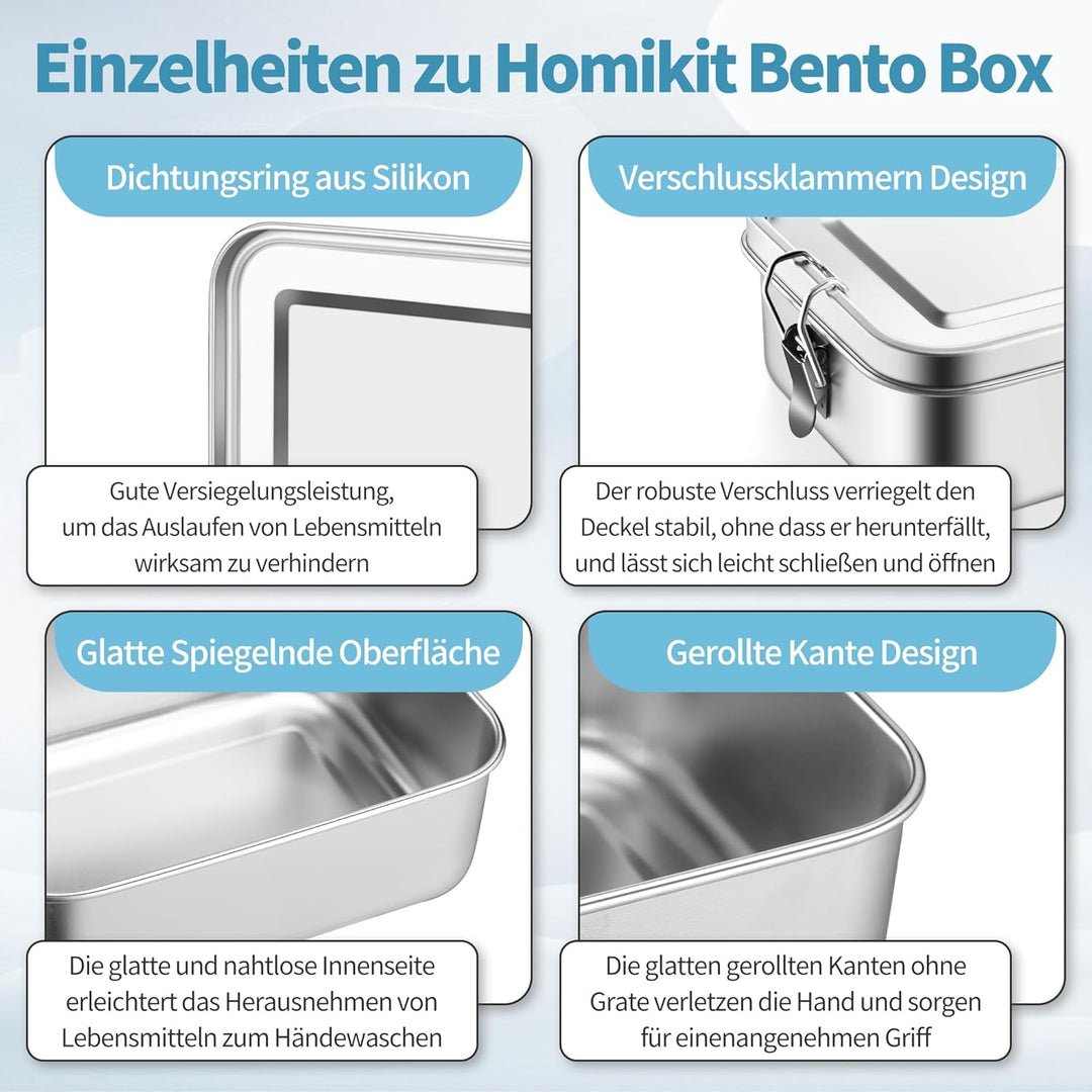 Homikit Edelstahl Brotdose mit 2 Fächern, 850ml Bento Box mit Tasche für Kinder und Erwachsene, Ausl