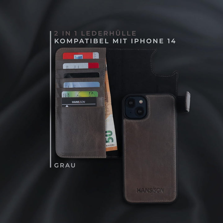 HANS/SON Lederhülle mit Kartenfächern | iPhone 14 | Echtleder | 6,1 Zoll | Schmal | Klapphülle | Sto