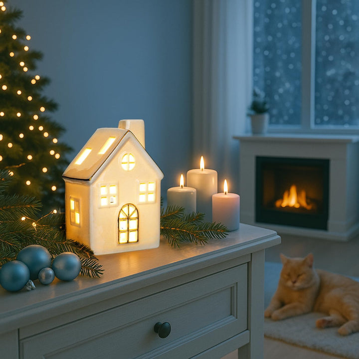 com-four® LED-Haus aus Porzellan - batteriebetriebenes Leuchthaus - weisses glänzendes Deko-Lichthäu