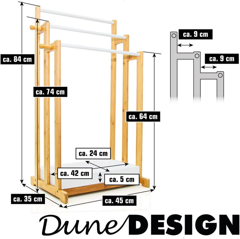 DuneDesign Bambus Handtuchhalter mit 3 Stangen - 45x35x84 Bad Handtuchständer aus Holz - Freistehend