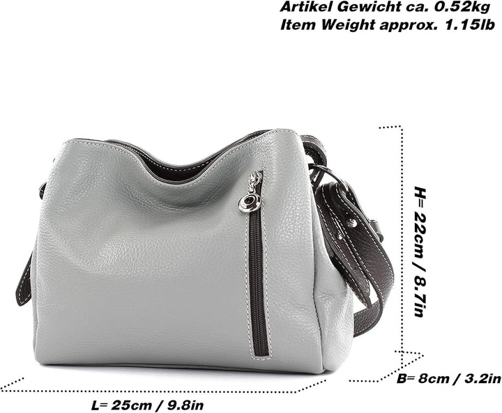 modamoda de - T220 - ital. Schultertasche Klein aus Echtleder Blau/Dunkelbraun, Blau/Dunkelbraun