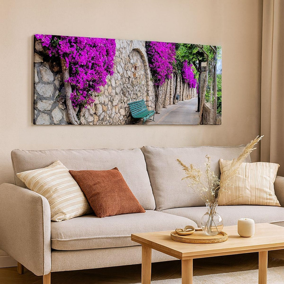 Wandbilder Dekoration Wohnzimmer Pflanzen Bank Strasse Sommer Panorama Bilder auf Leinwand 120x50cm