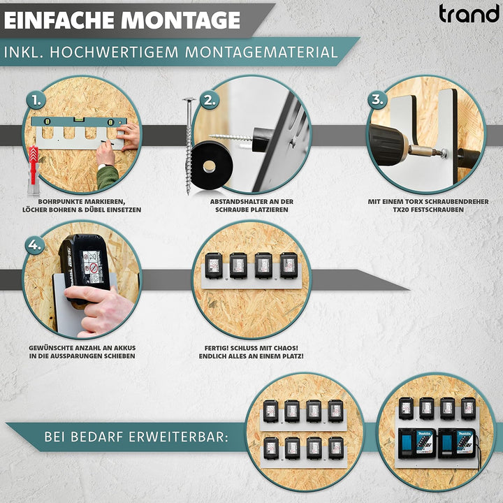 trand Wandhalterung für 18V/14,4V Akkus – Akkuhalter inkl. Montagematerial – Praktische Akku Halteru