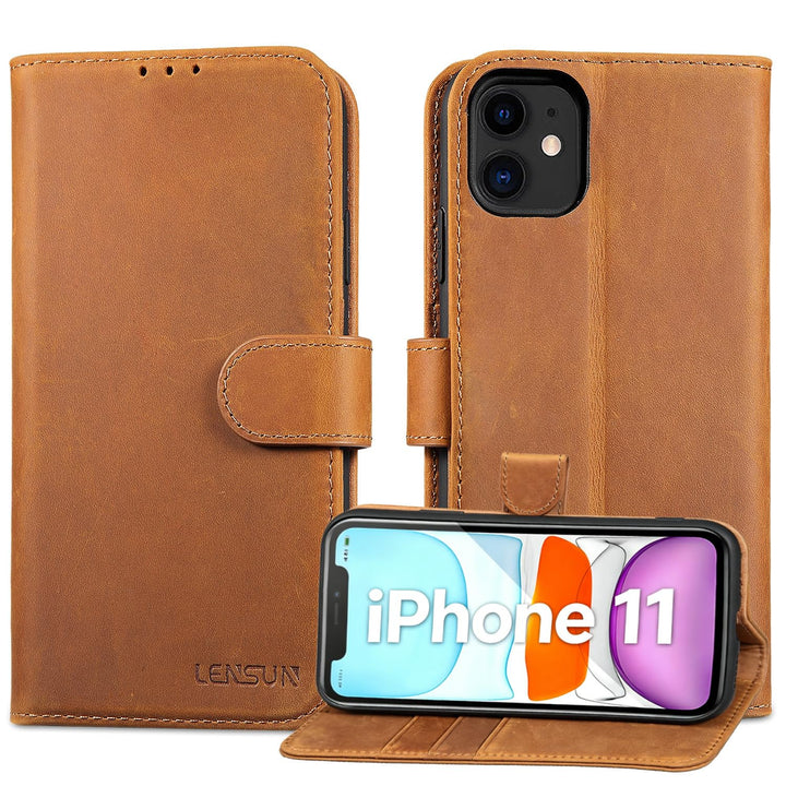 LENSUN Echtleder Hülle für iPhone 11, Handyhülle [Echtes Leder][Magnetverschluss][RFID Schutz] Handy