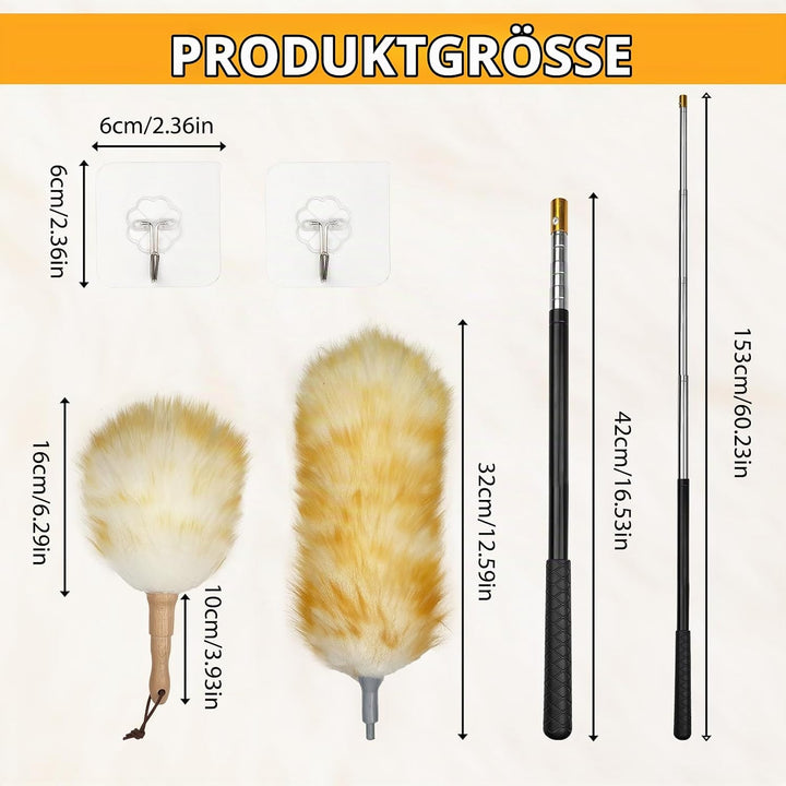 Lammwolle Staubwedel Set Mit Teleskopstange Bis 185cm, Waschbar – 2 Wedel (Gross &amp; Klein) + Haken Fü