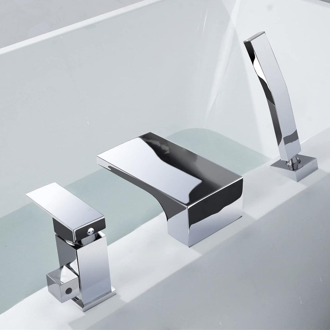 SHANFO 3 Loch Wannenrandarmatur Wasserfall, 3 Loch Badewannenarmatur mit Handbrause,Einzelgriff Wann