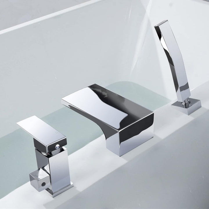 SHANFO 3 Loch Wannenrandarmatur Wasserfall, 3 Loch Badewannenarmatur mit Handbrause,Einzelgriff Wann