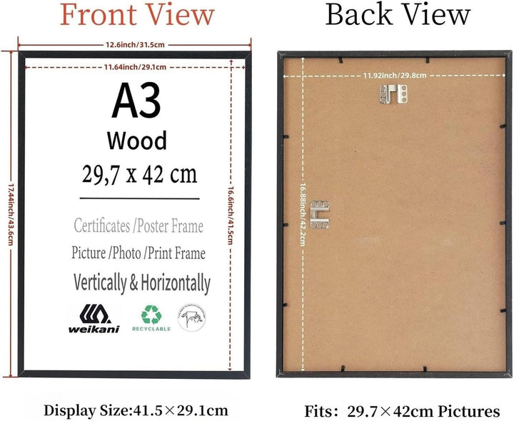 Weikani A3-Zertifikat-Bilderrahmen mit Matte,schwarzer Holz rahmen mit high Definition Plexiglas für
