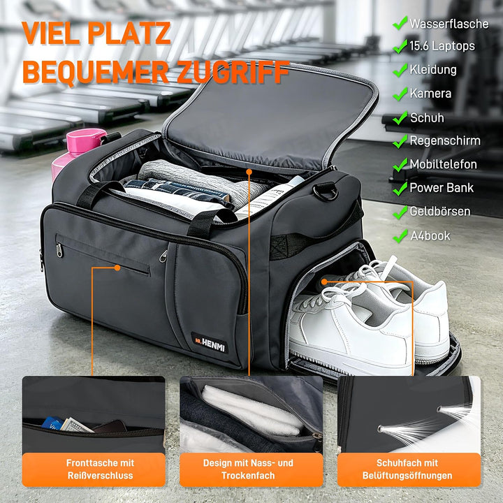 HENMI Sporttasche &amp; Reisetasche für Herren und Damen, 43L Gross gymbag mit Schuhfach und Nassfach, F