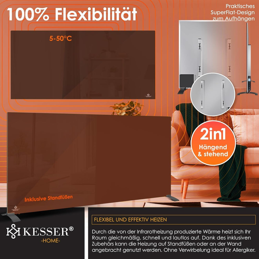 KESSER® Infrarotheizung 600W Glaskonvektor Glasheizung Energiesparend 2in1 Standgerät & Wandmontage